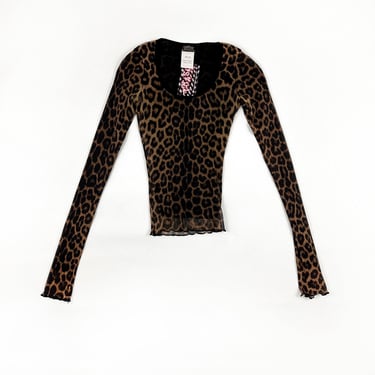 y2k Plein Sud Jeans Cheetah Print Micro Mesh Long Sleeve Top / Wavy Hem / Made in France / S / Lettuce Hem / Leopard Print / Cyber / Sheer 