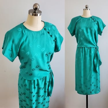 80s Does 40s Silk Dress Set with Leaf Pattern - Blouse and Skirt - 80s Dresses - 80s Women's Vintage Size Small 