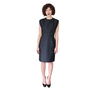Vintage 60s Black Mod Dress in Tailored Wool, Sleeveless, M 