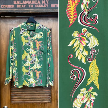 Vintage 1940’s “Kamehameha” Trumpet Flower Silky Rayon Tiki Long Sleeve Hawaiian Shirt, Signed Selvedge, 40’s Vintage Clothing 