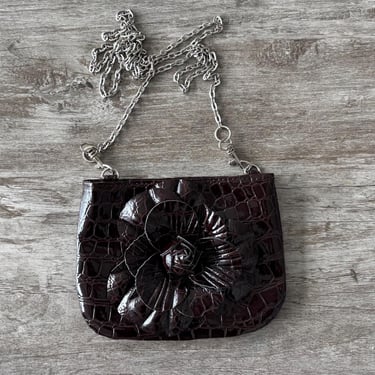 Vintage Country Chic Bag Mini Patent Embossed Crossbody Chain Strap Brown Flower 