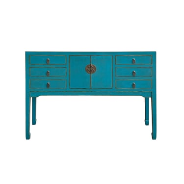 Distress Bright Blue Lacquer Tall Moon Face 6 Drawers Slim Foyer Table cs7566E 