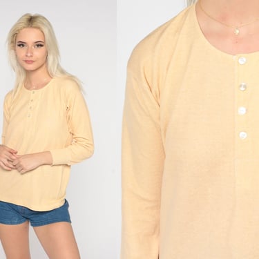 Thermal Shirt 80s Peach Long Sleeve Lined Henley Shirt Riverlon Button Up Tshirt Retro Tee Plain Simple Warm Layering Vintage 1980s Medium M 