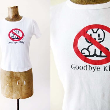 Vintage 2000s Babydoll Goodbye Kitty Cat T Shirt S - David and Goliath - Fitted White Cotton Graphic TShirt 