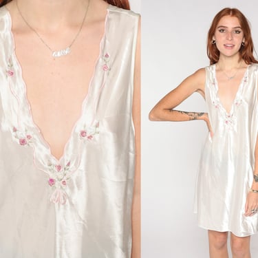 Satin Nightgown White Floral Embroidered Slip Dress Y2K Mini Lingerie Vintage Nightgown Deep V Neck Sleeveless 00s Large L 