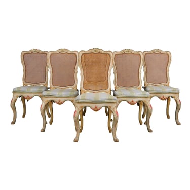 Early 19th Century French Louis XV Style Painted Cane Back Dining Chairs W/ Striped Linen - Set of 6 