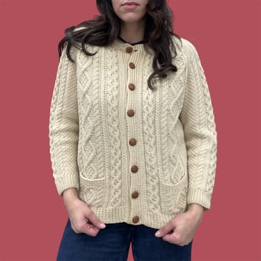 Vintage Fisherman Cardigan Retro 1980s Handknit + No Size + Wool + Cream + Button down + Sweater + Cable Knit + Womens Apparel 