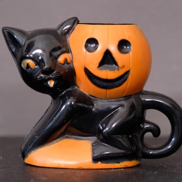 Vintage Rosbro Plastic Halloween Candy Container | Black Cat & Pumpkin | Retro Halloween Decor 