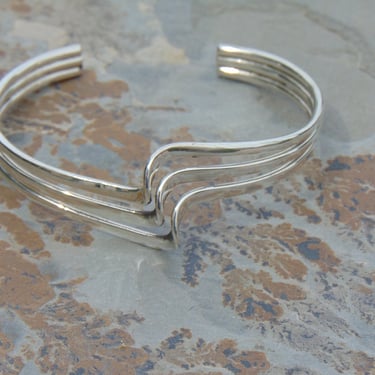 Mexican Sterling Triple Split Band with Wave in Center Cuff Bracelet 