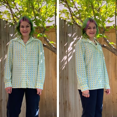 Vintage 1970’s Yellow and Blue Square Long Sleeve Shirt 