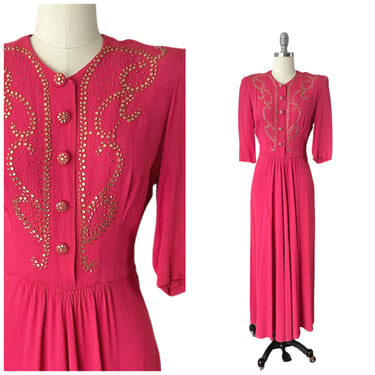 40s Pink HEART STUDDED Crepe Floor Length Dress / 1940s Vintage Gown / Medium / Size 6 to 8 