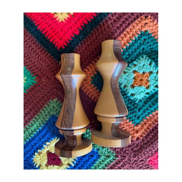Midcentury Two-tone Carved Wood Candlestick Holder Set 