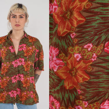 Batik Blouse 70s Tropical Floral Button up Shirt Retro Flower Leaf Print Top Short Sleeve Summer Hippie Green Pink Vintage 1970s Large L 
