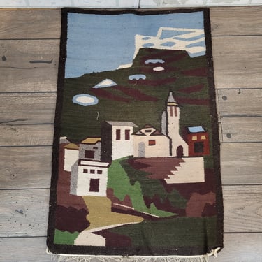 Vintage Hand-Woven Ecuadorian Ecuador Textile Navajo Rug Tapestry Hanging  with City/Town/Church 42.75x26.75 