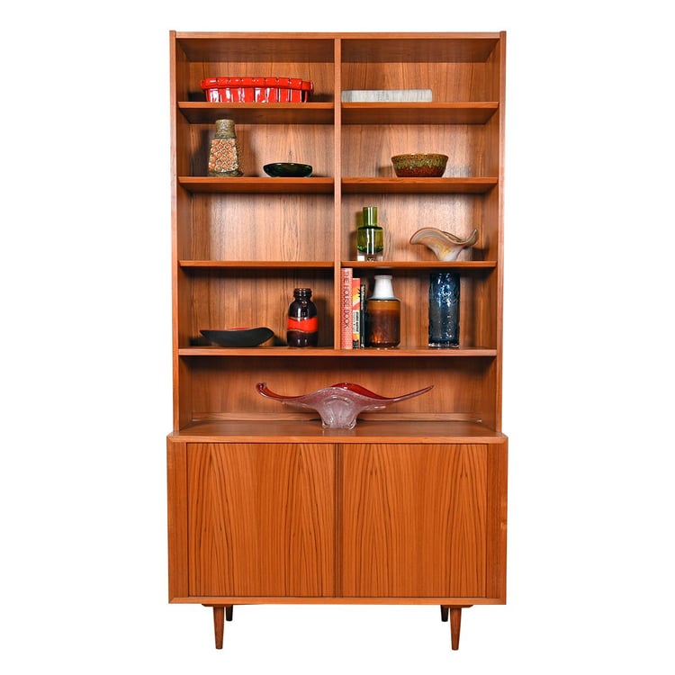42&#8243; Danish Teak 2-Pc Tambour Door Cabinet w: Adjustable Shelves Bookcase Display Top