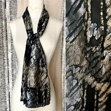 Sheer Metallic Scarf, Long, Gold Silver Metallic Lurex, Abstract Design, Vintage 70s 80s Disco Era 