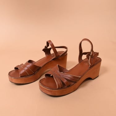 Brown 70s Leather Strap Platforms By Revette, 10