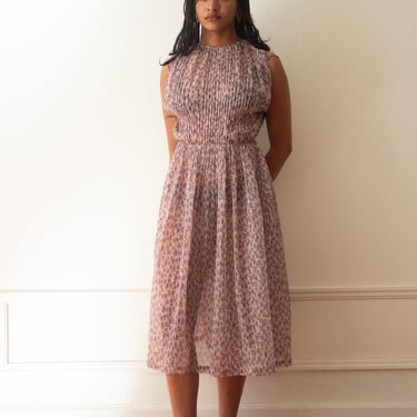 1950s Pleated Chiffon Printed Dress 