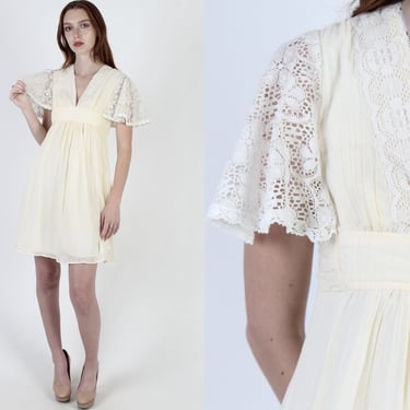 Plain Ivory Lace Trim Dress / Summer Dress With Waist Sash Tie / Ivory Crochet Flutter Sleeve Garden Dress 
