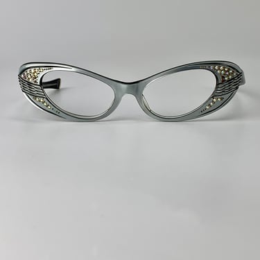 1950's Early 60's Oval Cat Eye Frames - Silvery Gray Plastic Frames with Rhinestones - Made in FRANCE - Optical Quality 