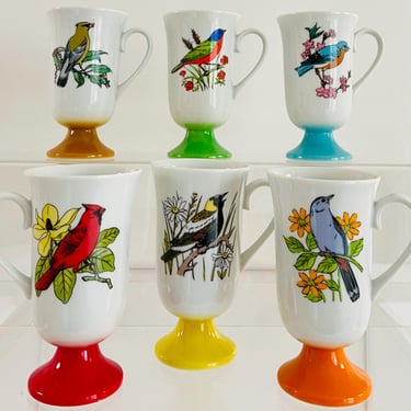 Vintage 1970s Retro Rainbow Ceramic Porcelain Pedestal Birds Drinkware Coffee Tea Mugs Cups Set by Fred Roberts - Made in Japan 
