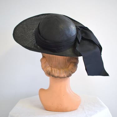 1940s New York Creations Black Straw Hat with Wide Silk Ribbon Bow 