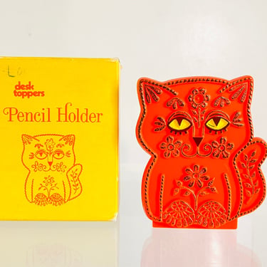 Vintage 1970s Retro MOD Orange Plastic Flower Cat Pencil Cup Holder Desk Toppers Springbok 