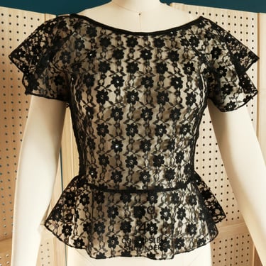 Vintage 90s Black Lace Peplum Blouse With Rhinestone Details by Kathryn Conover Original 