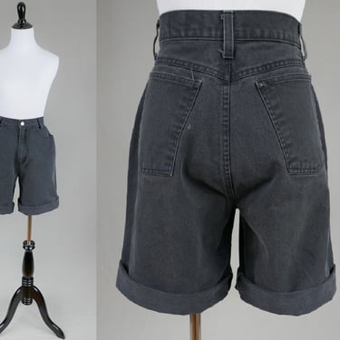 90s Black Jean Shorts - 28 waist - High Rise - Long Leg - Cotton Denim - Get Spoiled by Squeeze - Vintage 1990s - S M 