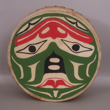 Vintage Native American Alaska Hand Painted Drum FROG Totem Signed Tom Abbott 