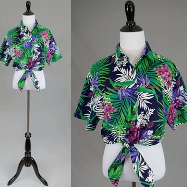 80s Tie Front Shirt - Bold Floral Blouse - Blue Green White Pink Purple - Tropical Flowers Fronds - Paquette - Vintage 1980s - L 