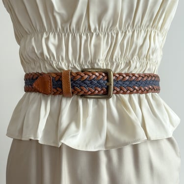 brown leather belt 90s vintage Fossil woven navy jute belt 