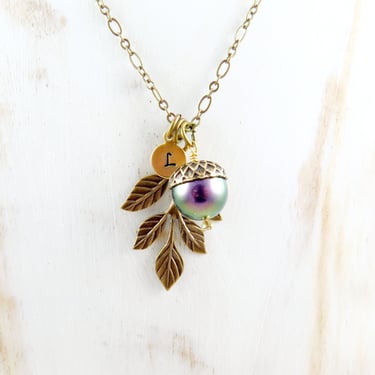 Iridescent Pearl Acorn Necklace, Pearl Necklace, Purple Pearl, Leaf Necklace, Personalized Jewelry, Branch Necklace, Autumn Jewelry 