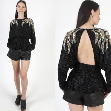 Open Back Beaded Blouse, Black Tuxedo Tail Top, Vintage God Sequin Dress Jacket 