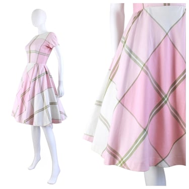 1950s Pink & Green Plaid Day Dress - 1950s Pink Dress - 50s Pink Plaid Dress - 50s Day Dress - Vintage Pink Dress | Size Extra Small \ Small 