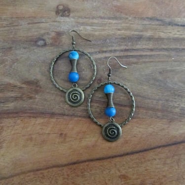 Hammered bronze hoop and blue stone earrings, Bohemian boho earrings 