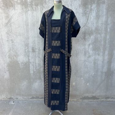 Antique Teens 1920s Blue &amp; Grey Checkerboard Striped Wool Dress Maxi Vintage