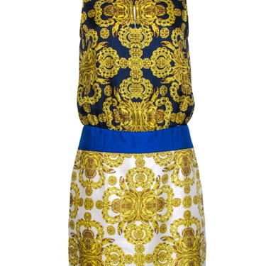 Tibi - Navy &amp; Gold Silk Dress w/ Medallion Print Sz 6
