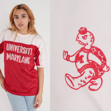 80s University of Maryland Shirt Red Mesh Jersey T Shirt Testudo Graphic Ringer Tee Streetwear Vintage 1980s Small Medium 