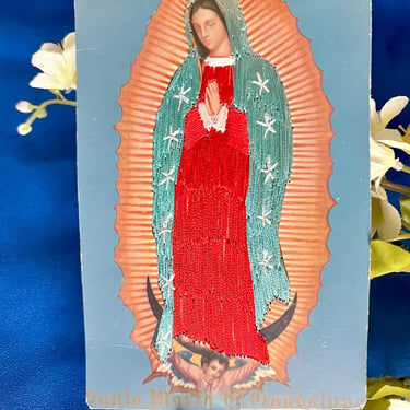 Embroidery Art, Holy Card, Our Lady of Guadalupe, Satin Stitch, Vintage Religious, Catholic, Queen of the Americas, Made in Spain 