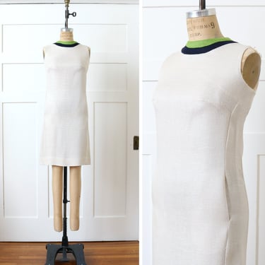 vintage 1960s summer shift dress • natural linen texture sleeveless mod color block dress 