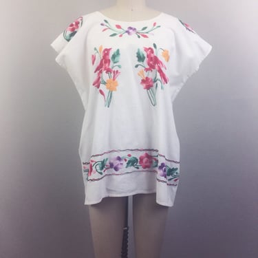 Vintage MEXICAN Embroidered Birds Top White Cotton Ethnic 