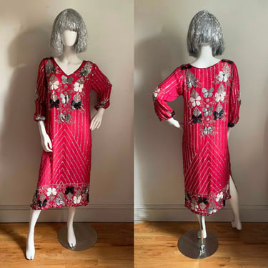 1980s Magenta Sequin Butterfly Dress 