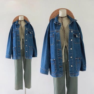 denim barn coat - l - vintage 90s jean jacket casual ranch large chore sustainable minimal 