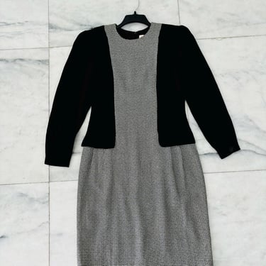 Vintage Honeybee Houndstooth Print Dress Black & White Long Sleeve Midi Length Size 12 USA 