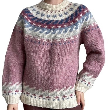 Vintage 1970s Hilda Ltd Hand Knit Icelandic Fair Isle Chunky Wool Sweater Sz L 