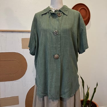 Vintage 90s Betsy's Things Green Embellished Button USA Made Short Sleeve Shirt 