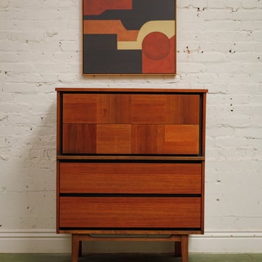 Walnut, two-tone high boy mid-century vintage dresser