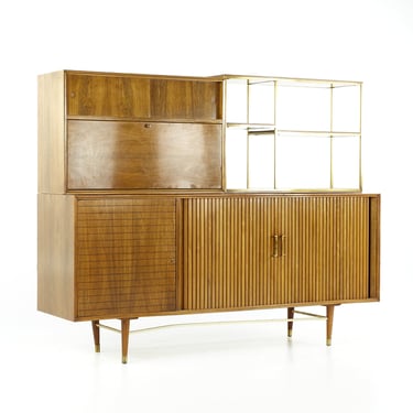 Paul McCobb Furnette Mid Century Brass and Walnut Credenza with Cabinet and Shelving Unit - mcm 