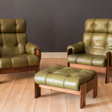 Pair of Rosewood High Back Leather Lounge Chairs and Ottoman by Kalustekiila 